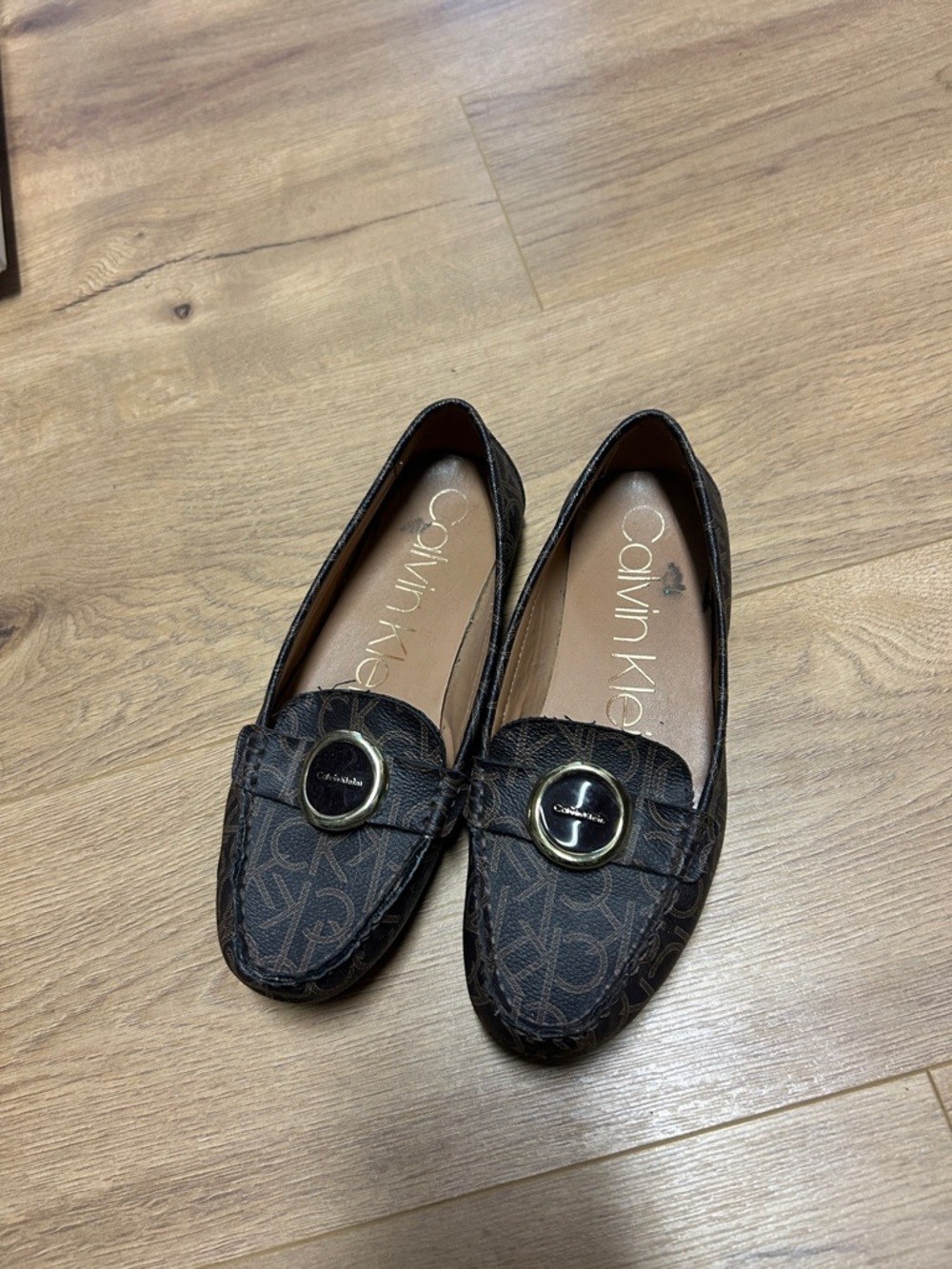 Calvin Klein Dark Brown Monogram Loafers with Gold-Tone Buckle